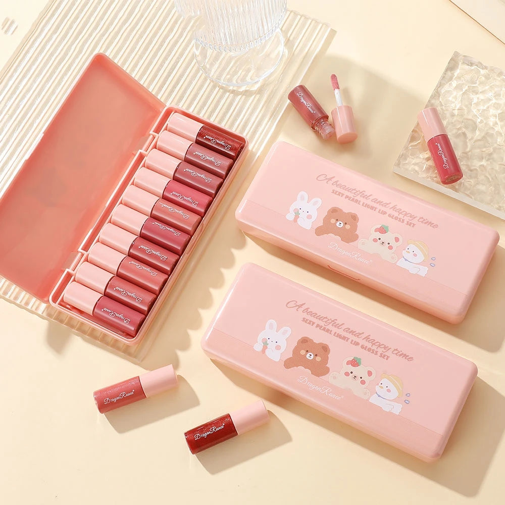 Conjunto de 10 Peças | Brilho Labial com Glitter Fino | Hidratante | Brilho Labial Perolado | Colore Facil | Não Desbota