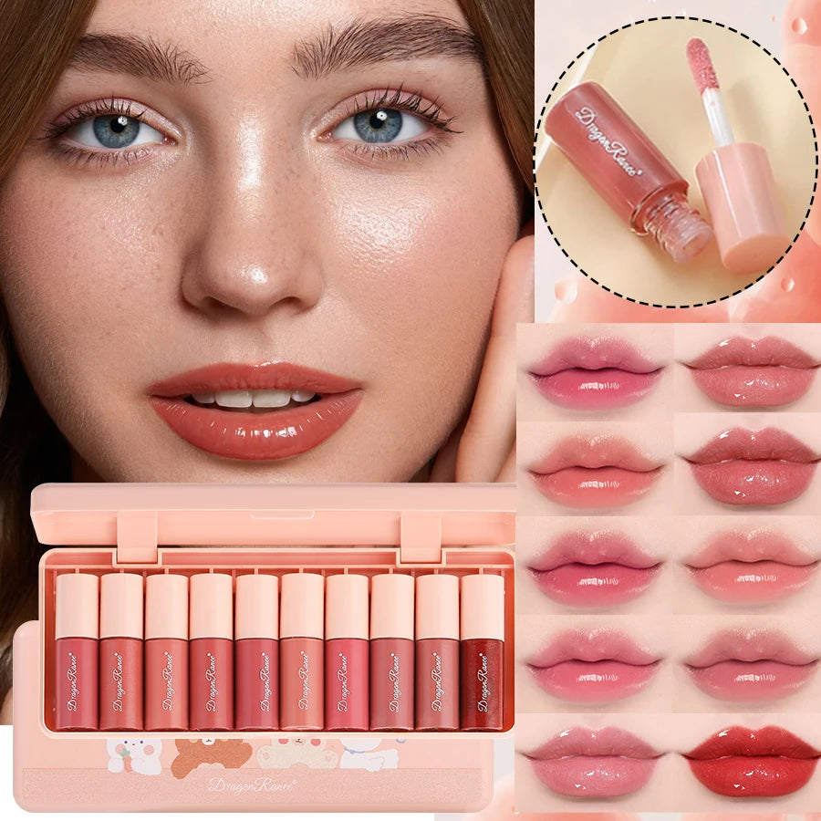 Conjunto de 10 Peças | Brilho Labial com Glitter Fino | Hidratante | Brilho Labial Perolado | Colore Facil | Não Desbota