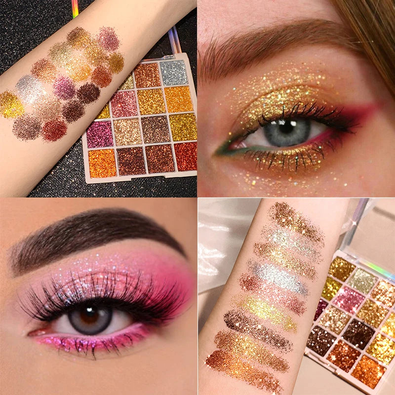 16 Cores | Paleta de Sombras com Glitter | Diamante | Brilho | Maquiagem Corporal e Facial