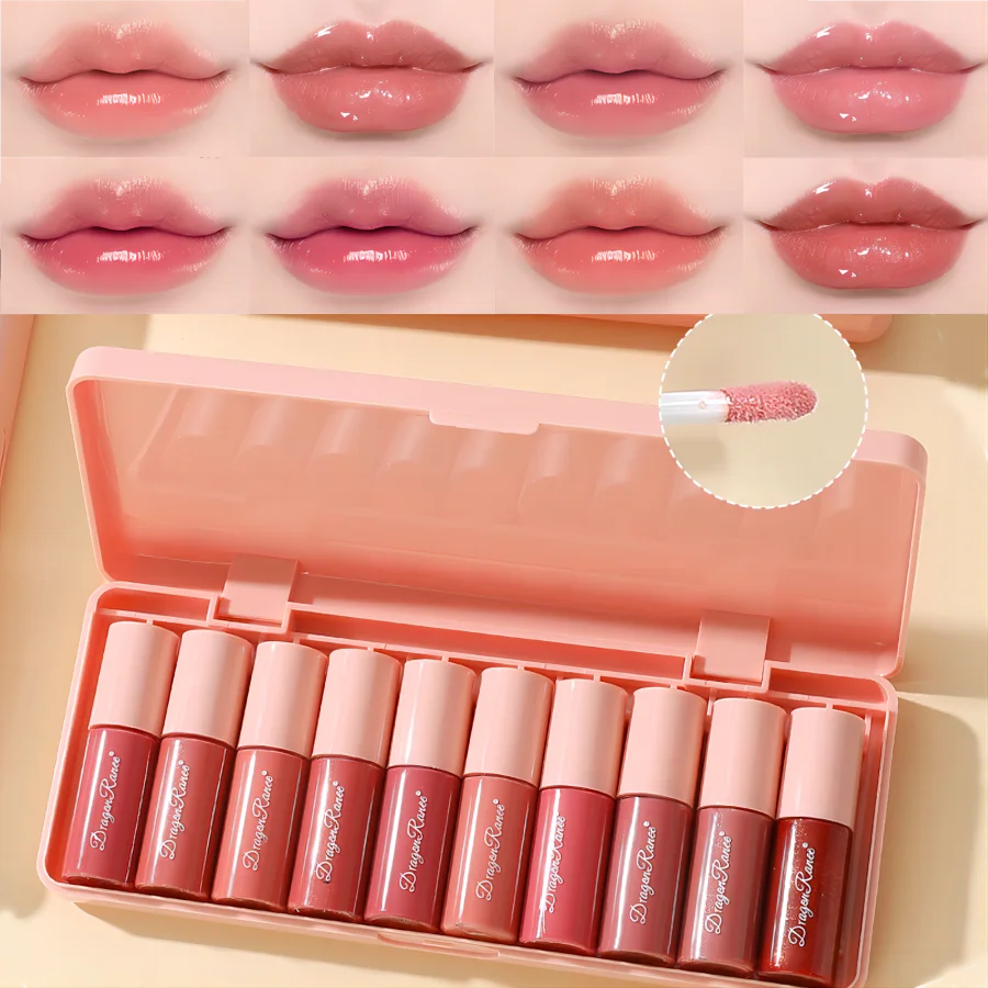 Conjunto de 10 Peças | Brilho Labial com Glitter Fino | Hidratante | Brilho Labial Perolado | Colore Facil | Não Desbota
