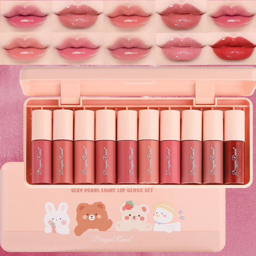 Conjunto de 10 Peças | Brilho Labial com Glitter Fino | Hidratante | Brilho Labial Perolado | Colore Facil | Não Desbota